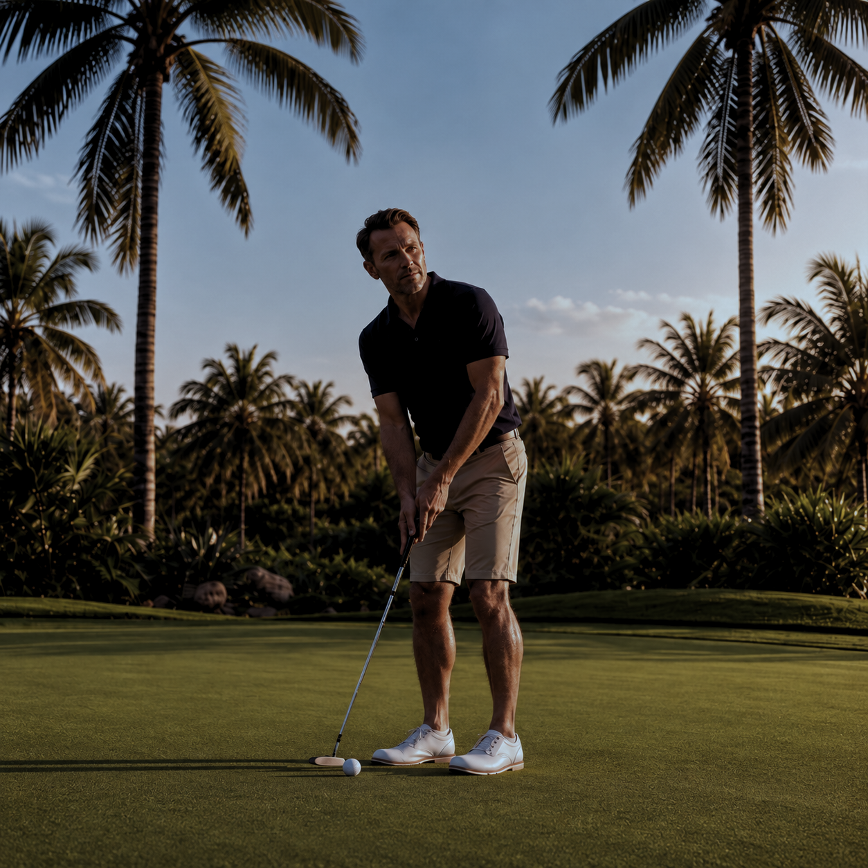 Golfista en el green rodeado de palmeras al atardecer en Gran Palmera